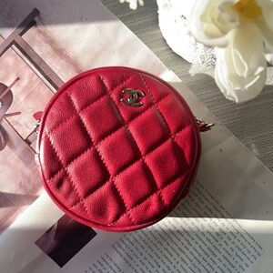 Chanel Red Quilted Caviar Round Clutch With Chain